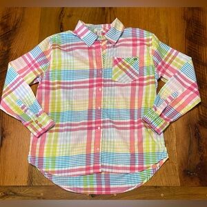 crown & ivy Classic Stretch Cotton Button Up Bright  Pastel Plaid Shirt, Sz Med